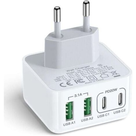 Chargeur USB C, 40W 4 Port Prise USBC Chargeur Rapide Multi Secteur Double Port PD+QC Type C Adaptateur pour Phone 16 15 14 13 12 11 Pro Max X XS XR 8 7 6S Plus Mini SE, iPad, Samsung Galaxy (1/4)