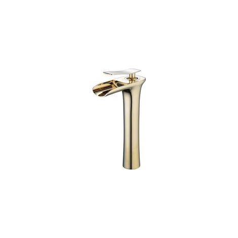 Grifo monomando de lavabo tipo cascada de un solo orificio – Cuerpo de latón macizo – Acabado cromado dorado – Cartucho cerámico – Caudal regulable mediante una sola palanca