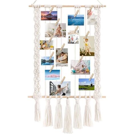 Présentoir Photo à Suspendre avec 30 Pinces en Bois, Support Mural en Macramé, Cadre Photo de Collage pour Décoration Bohème