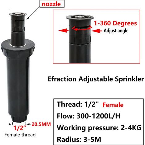 Arroseur escamotable pour jardinage (0x360 degrés) Filetage interne 1/2 pouce, rotation 90°/180°/360°, buse d'arrosage à engrenages, 1 pièce (1/5)
