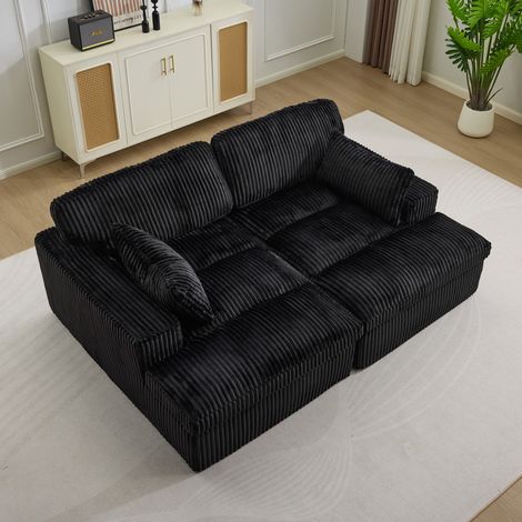 Canapé modulable convertible 2 places avec méridienne, gain de place, velours côtelé noir pour salon (1/5)
