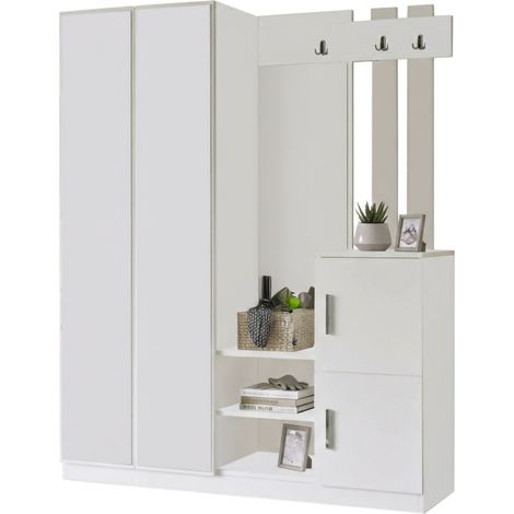 Mobile da Ingresso Hene, Specchio Incluso, 16-24 Paia, 8 Ripiani, 147x38x180h cm Bianco
