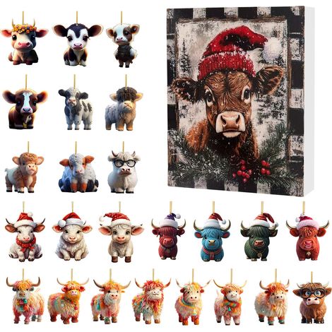 Calendrier de l'Avent avec pendentif taureau yak et Père Noël, vache des Highlands, boîte surprise, cadeau de Noël - A-WOODTOR (1/4)