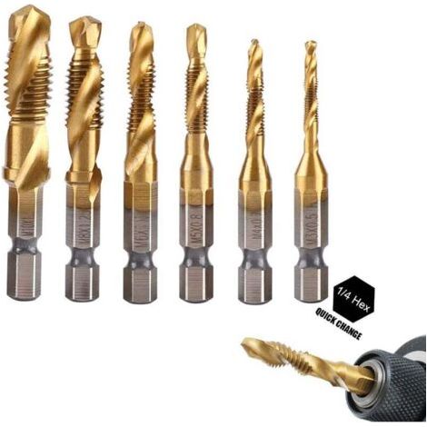 6 Pcs 1/4" Forets Métriques à Filetage Et Tarauds Hss (M3-M10)En Acier Rapide (Revêtu De Titane) - Pour Une Dureté Et Une Résistance à La Rouille Élevées