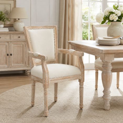 Chaise de salle à manger, chaise de cuisine, décor clouté, style maison de campagne française, bois de caoutchouc, blanc crème, 54,5 x 59 x 96 cm (1/5)
