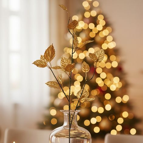 Rametto con foglie glitterate per decorazioni natalizie con stelo metallico da h 95 cm -Dorato (1/5)