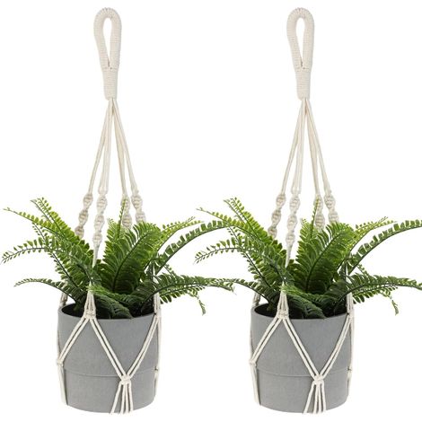 Lot de 2 paniers suspendus en macramé, corde en coton, pour pots de fleurs, décoration bohème, beige, pour intérieur et extérieur, jardin, salon, balcon (1/5)