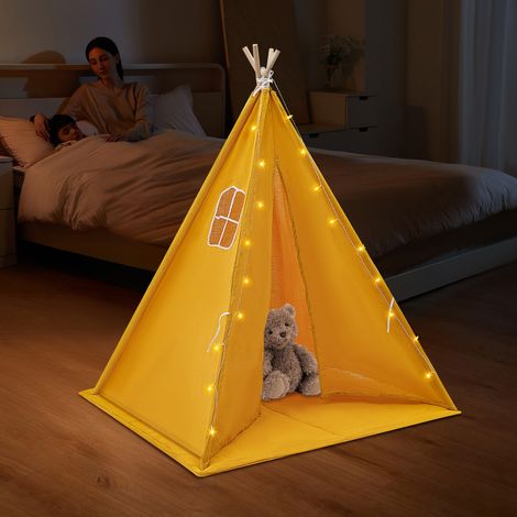 Tente pour enfant avec tapis de sol et guirlande lumineuse - Tente de jeu pliable en coton - Pour l'intérieur et l'extérieur - 120 x 120 x 140 cm - Jaune (1/5)