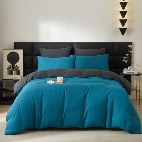 Parure de lit en coton bleu gris turquoise 200x200 cm 3 pièces en coton respirant doux et fin avec housse de couette réversible 200x200 cm et taie d'oreiller 80x80 cm avec fermeture éclair (1/5)