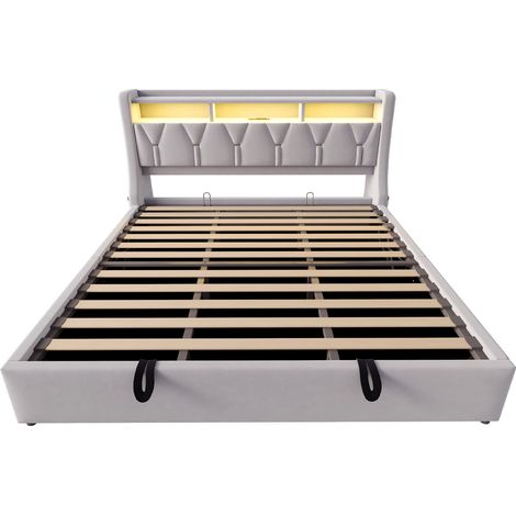 Lit rembourré 180 x 200 cm, lit de rangement hydraulique, tête de lit rembourrée rabattable avec rangement, prise électrique et compartiment de rangement, éclairage LED, pieds de lit élargis, tissu ve (1/5)