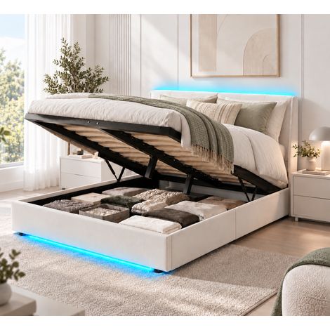 Lit coffre 140x200cm LED avec sommier, lit double avec rangement hydraulique, tête de lit rembourrée beige, velours (1/5)