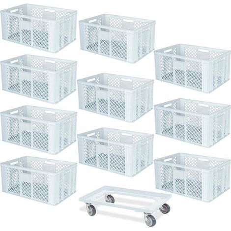 BRB Lot de 10 boîtes empilables européennes PLUS avec roulettes de transport, 600 x 400 x 320 mm, qualité industrielle, convient à un usage alimentaire, blanc