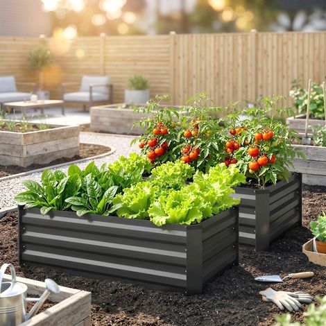 Set de 2 Jardineras de Exterior de Acero Rectangulares para Cultivos Plantas Flores para Patio 100x60x30 cm Gris Oscuro