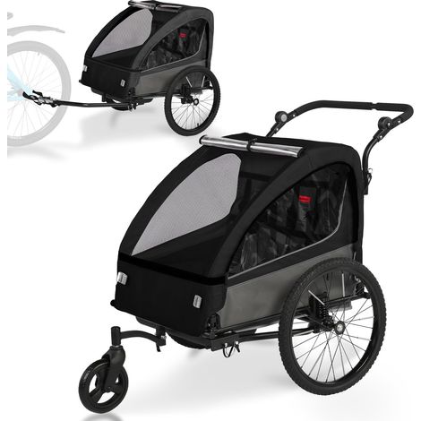 FIXIMASTER Remorque Vélo et Poussette Jogging 2 en 1 pour 1 à 2 Enfants, Pliable avec Suspension et Grand Espace de Rangement - Noir