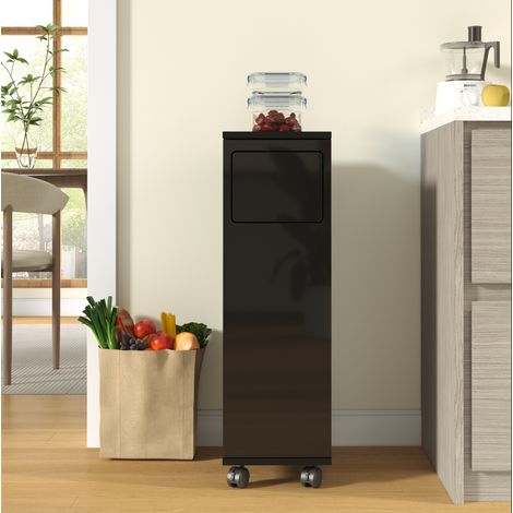 Meuble poubelle à roulettes 24,2x35,1x80,2 cm en MDF noir brillant, 1 porte, gain de place – MEUBLIV (1/5)