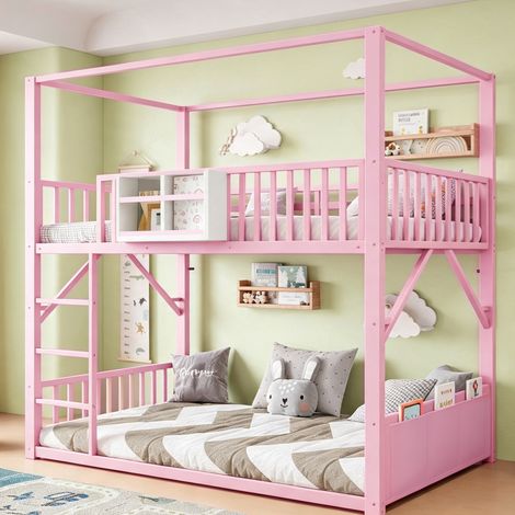 MODFU – Litera infantil 90x200 cm con techo, estante, bolsillo de almacenaje, barandillas de seguridad y estructura metálica – Rosa (1/5)