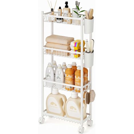 Chariot de Rangement étroit à Roulettes, Chariot Cuisine 4 Niveaux, Métal Desserte à Roulettes, Etagere Rangement pour Cuisine, Salle de Bain, Buanderie et Petits Espaces, Panier Respirant, Blanc (1/5)