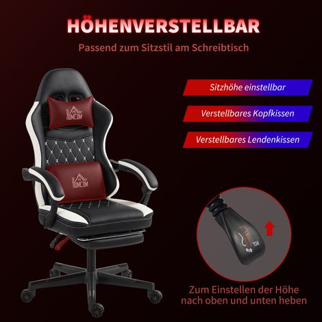 Chaise gaming avec repose-pieds, fauteuil ordinateur doté d’appui-tête et coussin, assise en cuir synthétique, pivotante, hauteur ajustable, métal, plastique, noir et blanc