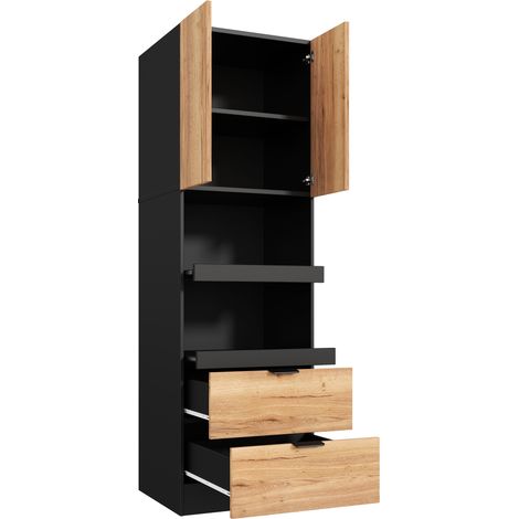 DOKEA Armoire de cuisine haute 200 cm avec portes, tiroirs, étagère à micro-ondes et anti-basculement, noir (1/5)