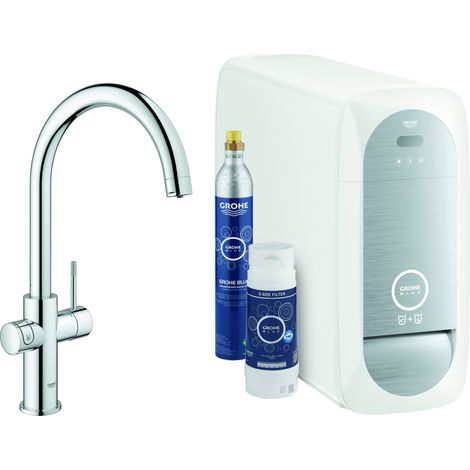 Mitigeur de cuisine GROHE Blue Home – Robinet monocommande avec filtration – Bec en C chromé – Bluetooth et Wi-Fi