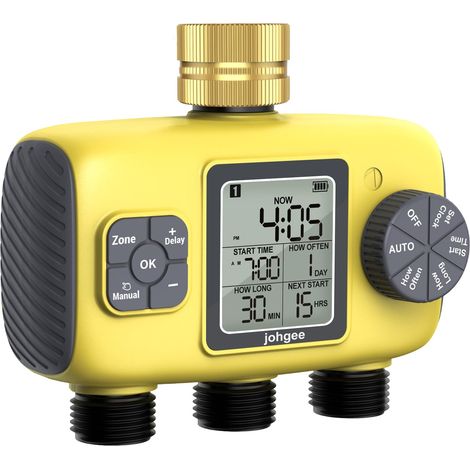 Programmateur Arrosage 3 Voies avec Entrée en Laiton, Minuteur Arrosage Automatique avec Retard de Pluie/Irrigation Manuelle, pour Serre, Pelouse et Jardin (1/5)