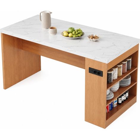 Isla de cocina 155 x 80 x 90 cm con LED y enchufes, encimera de 40 mm, MDF, blanco y natural (1/5)