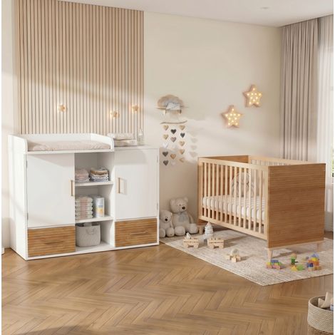 Cambiador y cuna de barrotes (114x53x92 cm, 70x140x87 cm), almacenaje escalonado, madera maciza y MDF, natural y blanco (1/5)