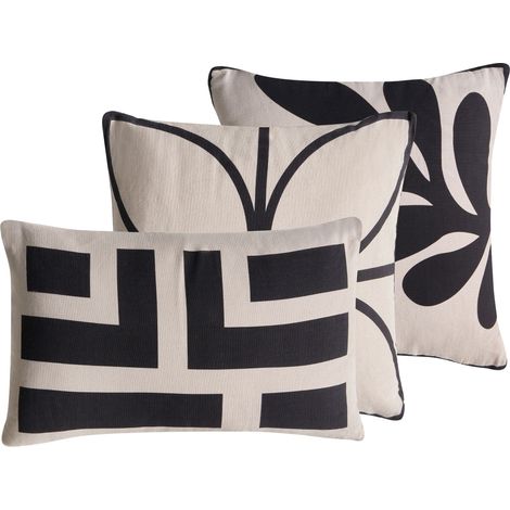 Lot de 3 Coussins Décoratifs en Coton Tissu Motif Abstrait 45/30 x 45/50 cm Beige et Noir Agathis