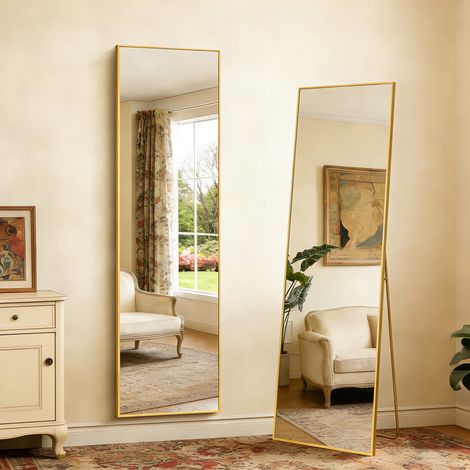 Miroir de Sol 140 x 40 cm, Pleine Longueur avec Cadre en Aluminium, Grand Miroir Mural Moderne à Poser ou à Suspendre pour Salon et Chambre, Or (1/5)