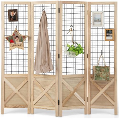 Goplus – Paravent pliant 4 panneaux en bois de paulownia – Cloison de séparation avec grille métallique – Dimensions 151x144cm – Écran décoratif naturel