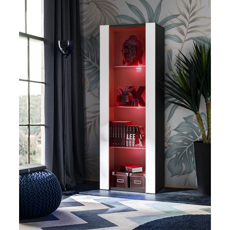 Komodee Vitrine Armoire Tivoli, Noir/Blanc, Largeur 55cm x Hauteur 159cm x Profondeur 35cm, LED RGB, 3 étagères, pour Salon, Chambre, Entrée