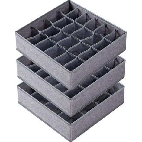 Set di 3 divisori per calzini e biancheria intima, 64 scomparti, in tessuto, pieghevoli, per riporre calzini, biancheria intima e cravatte (16 + 24 + 24 scomparti, grigio) (1/4)