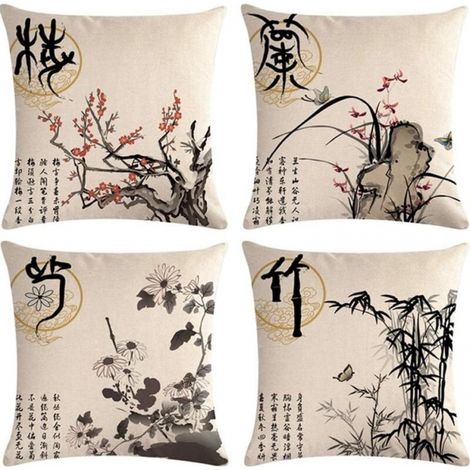Pinturas a la tinta, fundas de almohada con motivos de flores de ciruelo, crisantemos y orquídeas, y fundas de cojín de estilo tradicional chino. (1/5)