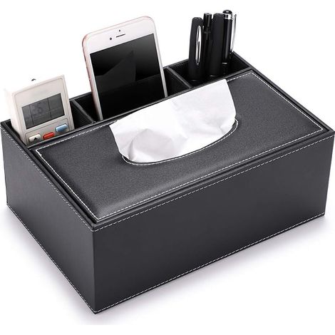 Caja de pañuelos de piel sintética negra, dispensador de 3 compartimentos con control remoto.
