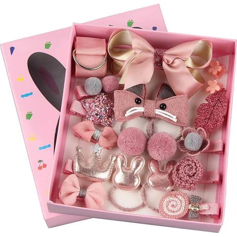 Ensemble de pinces à cheveux bébé, 18 pièces barrettes et nœuds pour filles, coffret cadeau de bijoux capillaires, pinces roses dans boîte cadeau (1/5)
