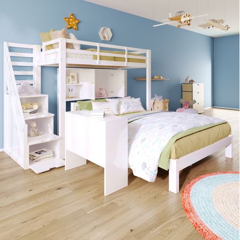 Etagenbett Massivholz + MDF Weiß 90x200 cm / 140x200 cm mit Stauraumtreppe, Regalen und beweglichem Beistelltisch (1/5)