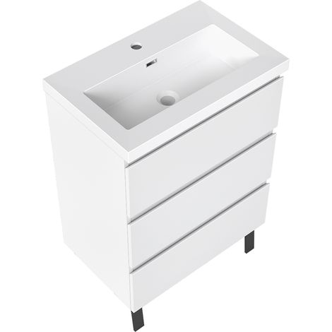 Meuble de Salle de Bain 60cm avec 3 tiroirs + 2 Pieds, Meuble simple vasque, Blanc