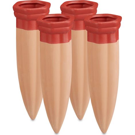 Relaxdays Picos de riego arcilla, Kit 4, Cerámica, Sistema Riego para Botellas 1,5 l, Riego Automático, Terracota y Rojo (1/5)