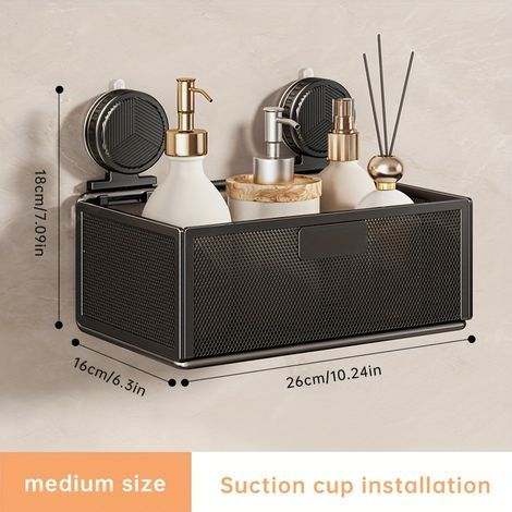 Wandregal mit Saugnapf – kein Bohren erforderlich – Geräumiger Netzkorb mit Handtuchhaken, modernes schwarzes Design, Badezimmer- und Wohnaccessoires (1/5)