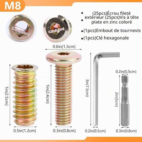 Insert Fileté Bois M8x25mm Ecrou et Vis Écrous à Visser (1/2)