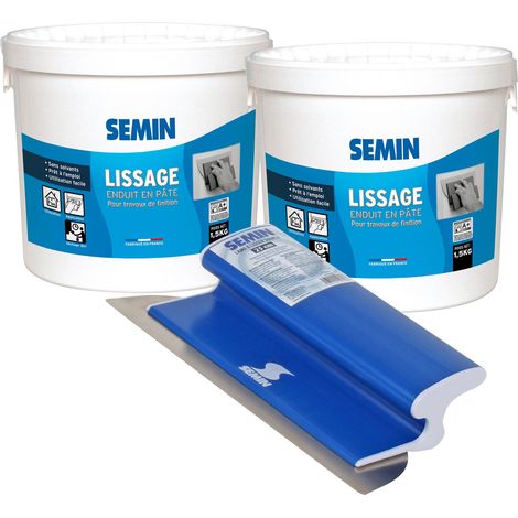 Semin – Lot de 2 enduits de lissage en pâte pour murs et plafonds – Seau de 1,5 kg – Lame CE 78 de 25 cm pour lissage sans bavures (1/5)