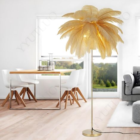 Modern Feather Lamp, Natural Ostrich Feather Floor Lamp, Height 160cm, Gold Pole and Base, 3 Color Temperatures, G4 LED Bulbs, Living Room, Children's Room, Office (Khaki) (1/5)