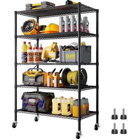 Étagère de Rangement Industrielle 5 Niveaux avec Roues, Étagère Métal Noire Ajustable pour Garage et Cave, 91.3x45.7x182.9cm (1/5)