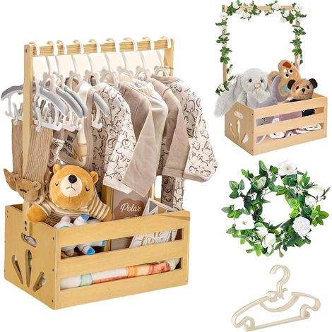Rattankorb mit 5 Haken, rosa und weiß, ideal als Geschenk zur Babyparty oder zur Geburt