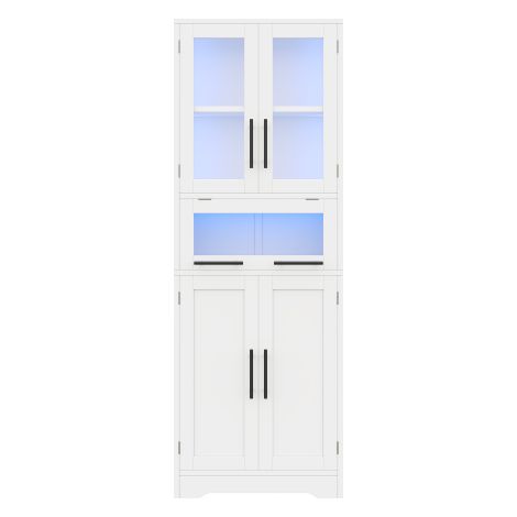 Armoire haute blanche 60×170cm,LED app,portes vitrées,étagères réglables