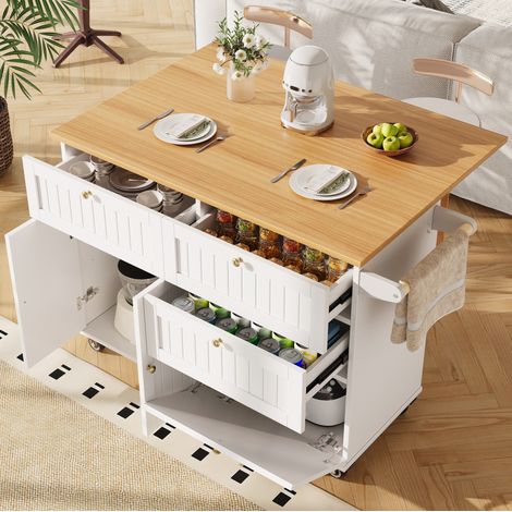 Îlot de cuisine 133x37,3x88 cm en MDF et métal blanc, avec rangement pour cuisine FloraGrace (1/5)