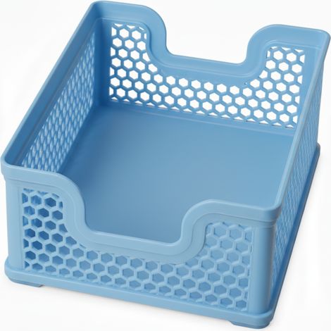 Organizador de cestas caladas azules, apilables para colocar en un estante de un armario. (1/3)