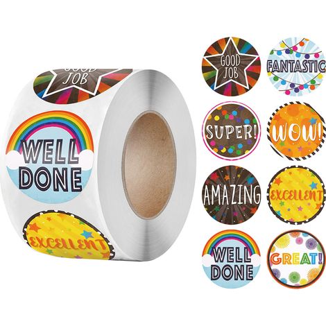 Sticker Récompense Enfant - 500 Pièces Par Rouleau - 8 Designs Différents - Auto-Adhésif Non Toxique - Pour École Maison Clinique (1/5)