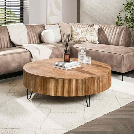 Table basse ronde en bois de manguier strié Ø120 cm CREEK (1/4)