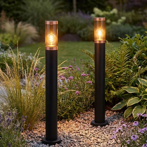 Stehlampe Garten Außenleuchte Aussenlampe Stehleuchte Wegeleuchten Edelstahl, Kupferakzent schwarz rauch, 1x E27, DxH 7,6x80 cm, 2er Set
